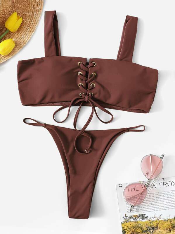 

Lace-up Top With Tanga Bikini Set, Brown