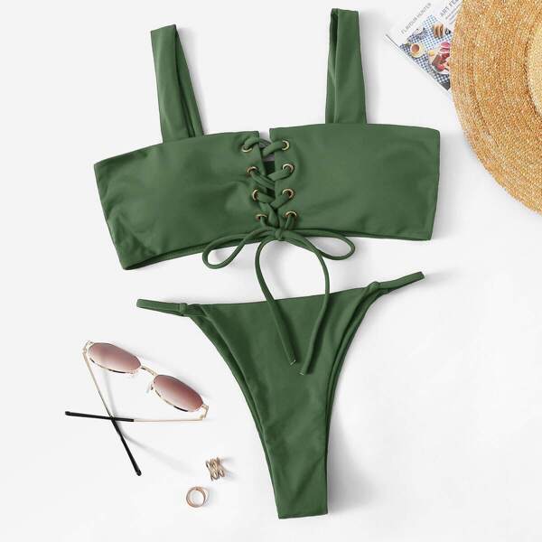 

Lace-up Top With Tanga Bikini Set, Green