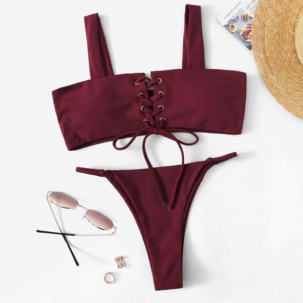 Lace-up Top With Tanga Bikini Set
