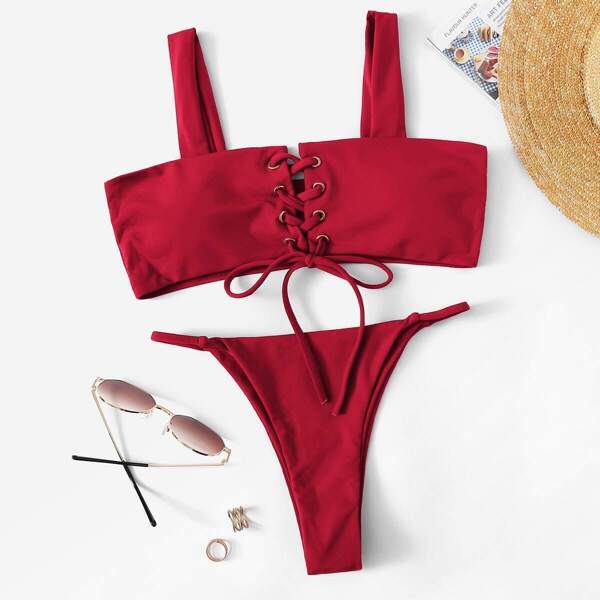 

Lace-up Top With Tanga Bikini Set