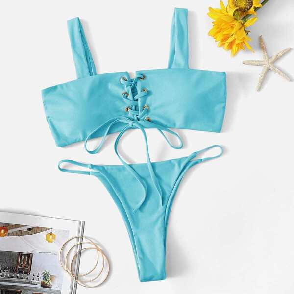 

Lace-up Top With Tanga Bikini Set