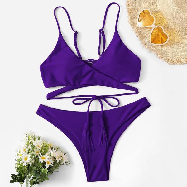 

Crochet Back Wrap Top With Panty Bikini Set