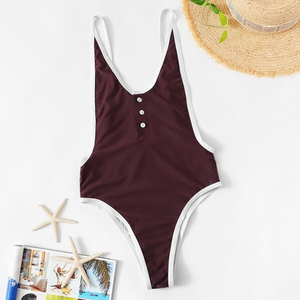 

Button Front Contrast Trim One Piece Swimsuit, Brown