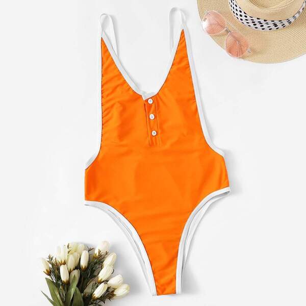

Button Front Contrast Trim One Piece Swimsuit