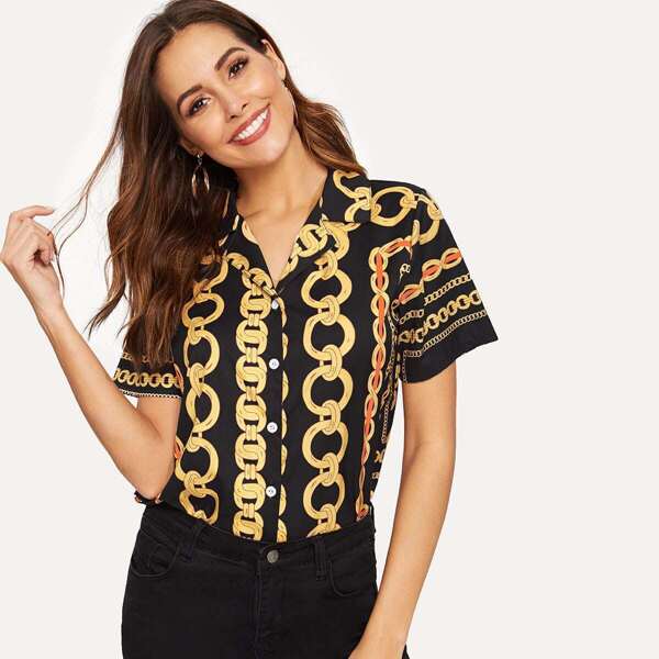 

Chain Print Button Through Blouse, Multicolor