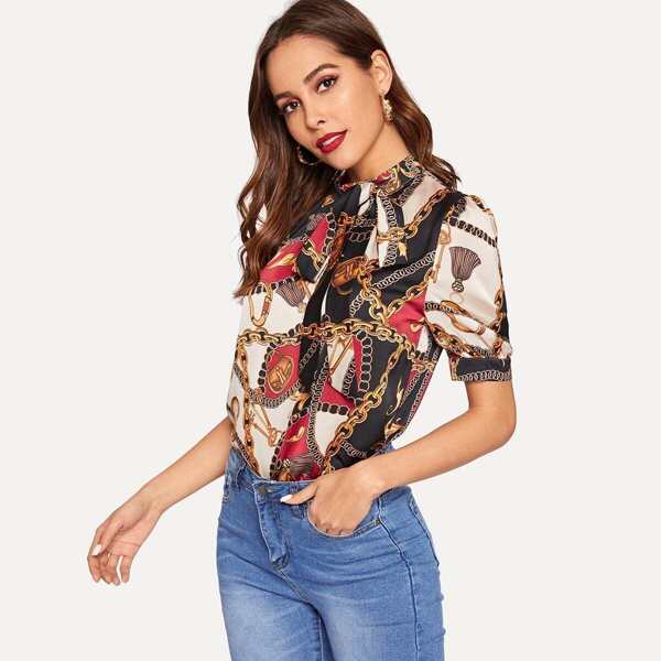 

Tie Neck Chain Print Blouse