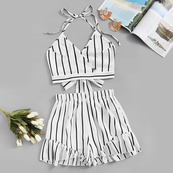 

Striped Knot Back Halter Top With Shorts