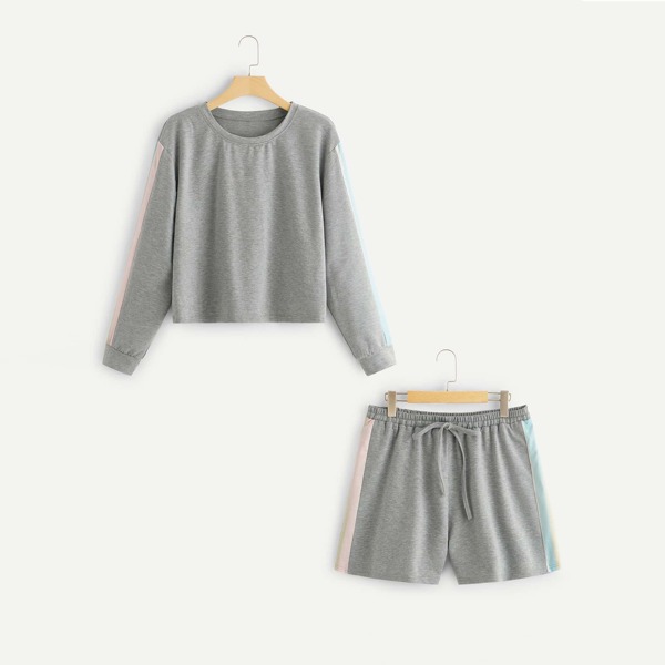 

Plus Contrast Striped Side Top With Drawstring Shorts