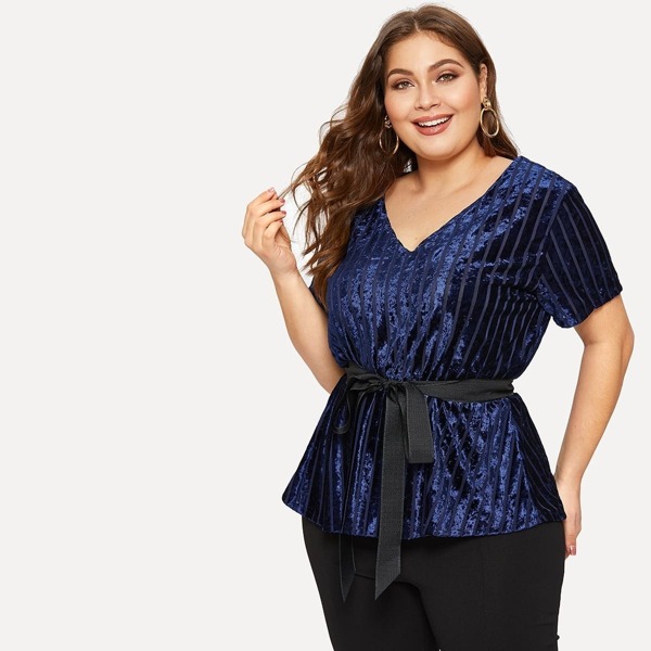 

Plus Self-tie V-neck Velvet Blouse