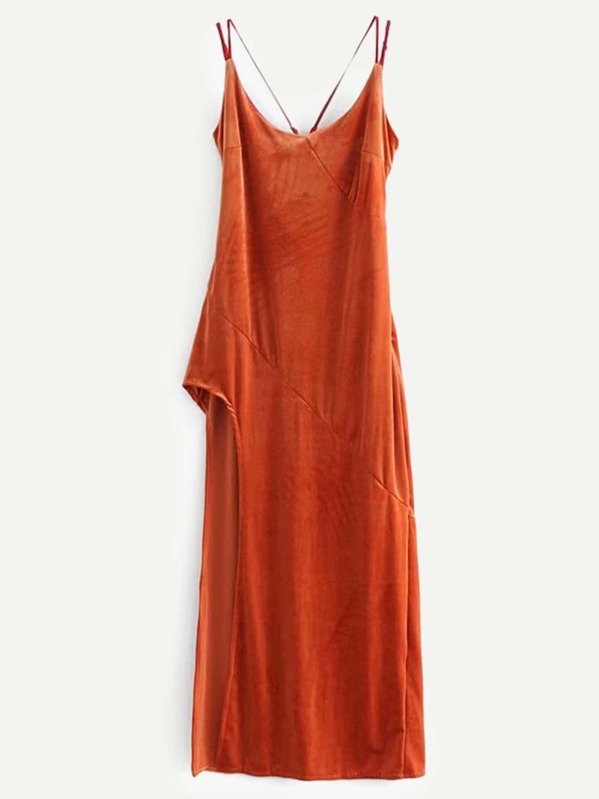 

Cross Back High Split Velvet Cami Dress, Orange