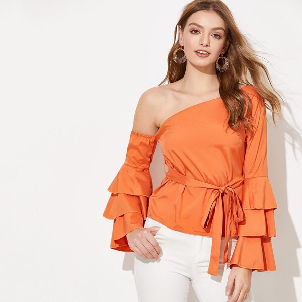 

One Shoulder Tiered Flounce Sleeve Belted Top