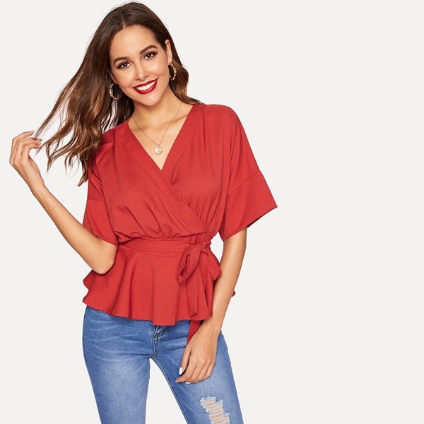 

V-neck Knot Waist Wrap Blouse