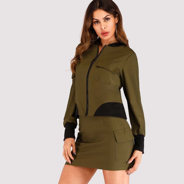 

Zip Up Cut And Sew Jacket With Skirt, Army green