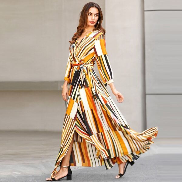 

Mixed Striped Belted Surplice Split Dress, Multicolor