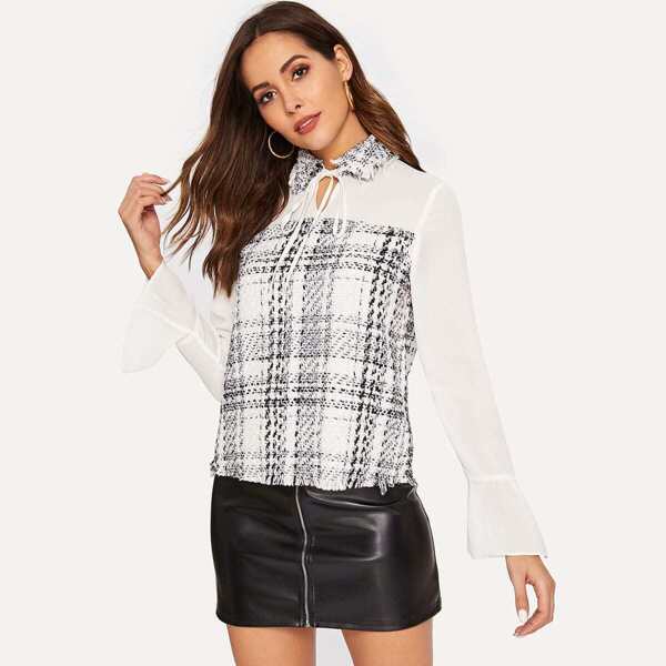 

Mixed Media Drawstring Collar Shirt