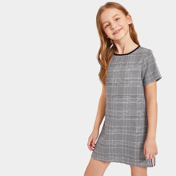 

Girls Striped Tape Detail Glen Plaid Dress