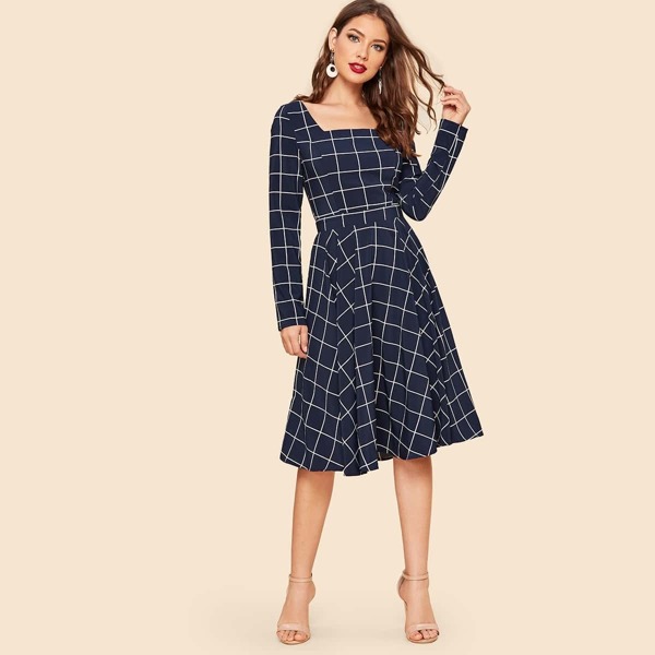 

50s Square Neck Grid Fit & Flare Dress