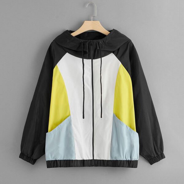 

Plus Raglan Sleeve Colorblock Windbreaker Hooded Jacket