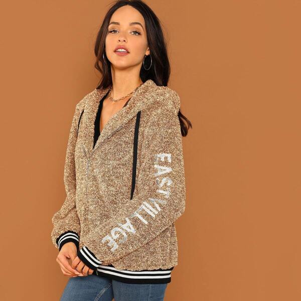 

Embroidery Letter Sleeve Teddy Jacket, Brown