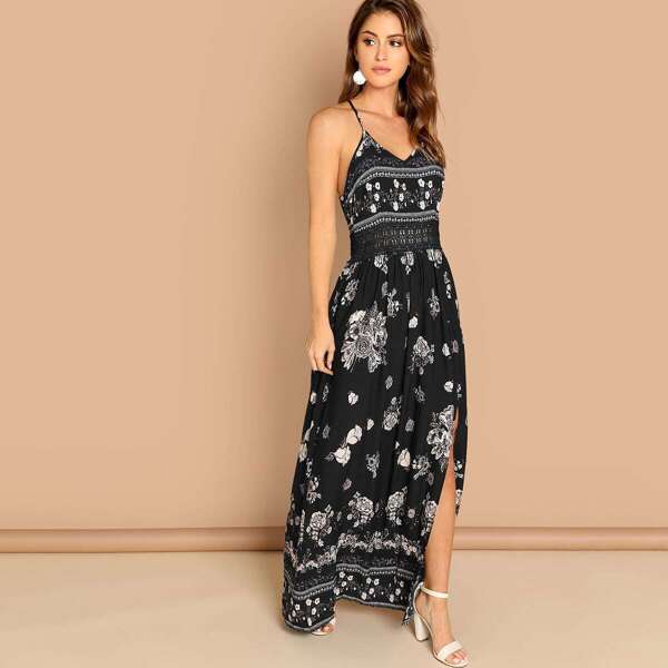 

Rose Print Lace Waist Split Front Cami Dress, Black and white