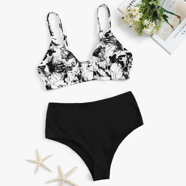 Plus Ink Drawing Top With High Waist Bikini, Black and white