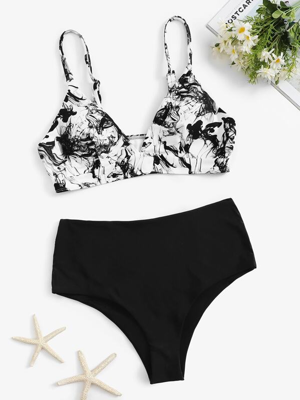 

Plus Ink Drawing Top With High Waist Bikini, Black and white