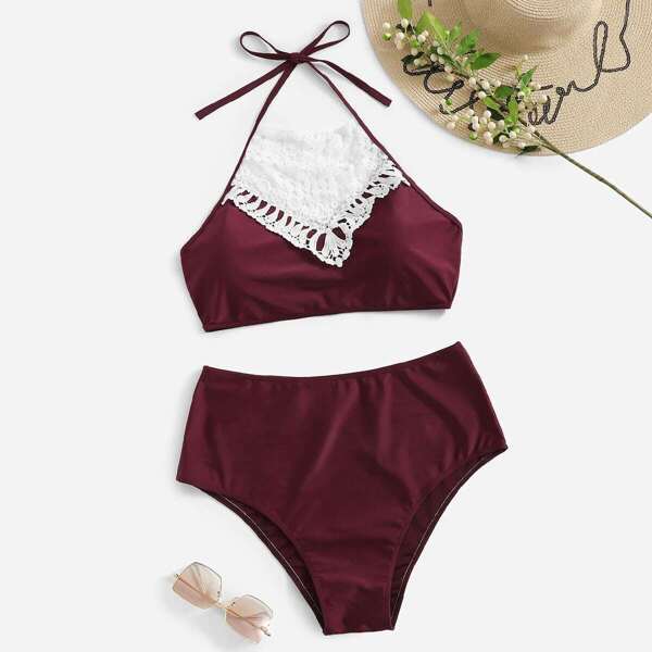 

Plus Crochet Panel Top With High Waist Bikini, Burgundy