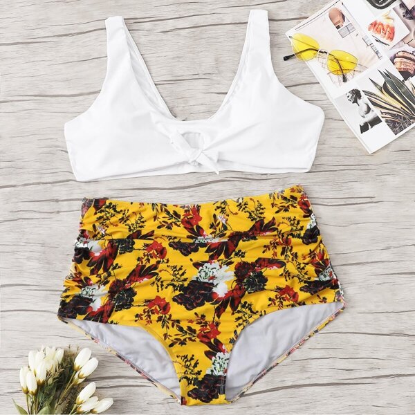 

Plus Floral Ruched High Waist Mix and Match Bikini, Multicolor