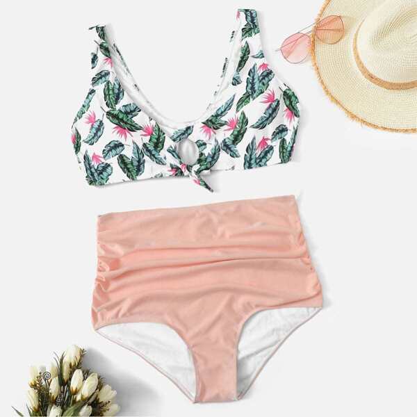 

Plus Tropical Top With Ruched High Waist Bikini, Multicolor