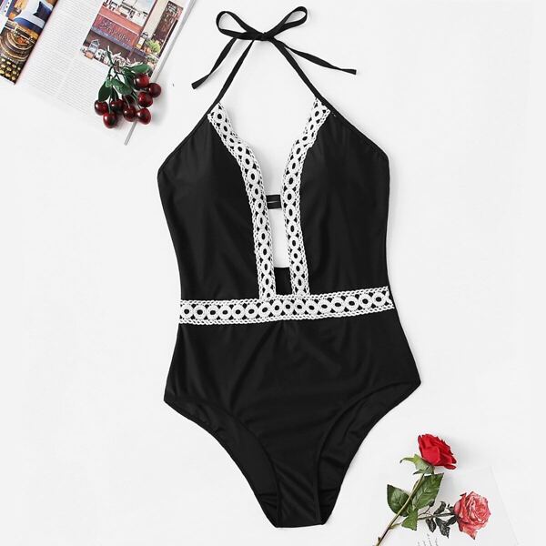 

Plus Crochet Trim Low Back One Piece Swim, Black