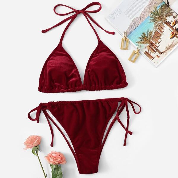 

Plus Velvet Triangle Top With Tie Side Bikini, Burgundy
