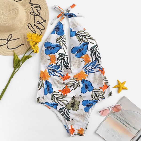 

Plus Tropical Open Back One Piece Swimsuit, Multicolor