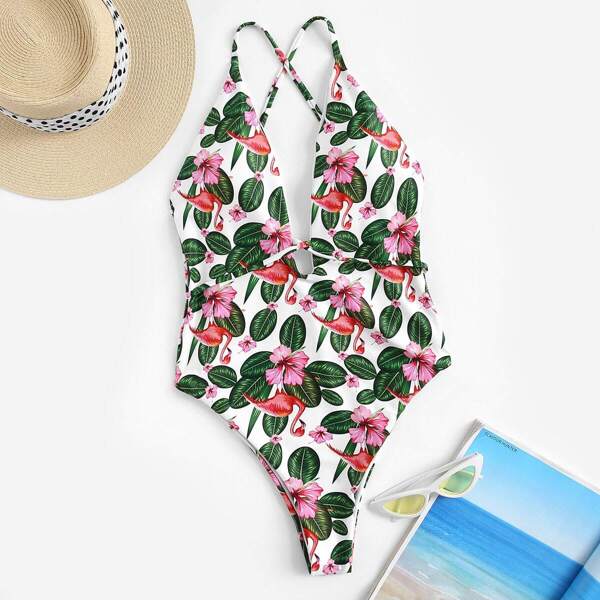 

Random Tropical Criss Cross Backless One Piece Swimsuit