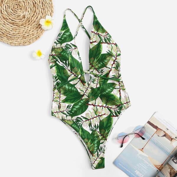 

Random Tropical Criss Cross Backless One Piece Swimsuit