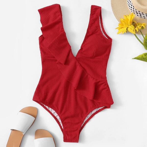 

Ribbed Ruffle Asymmetrical One Piece Swimsuit