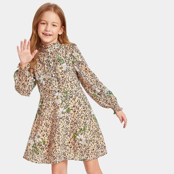 

Girls Frilled Button Placket Floral & Leopard Print Dress