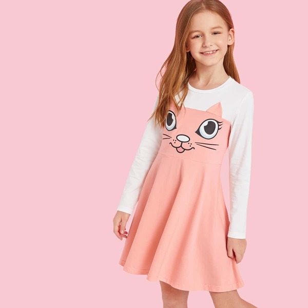 

Girls Color-block Cartoon A-Line Dress