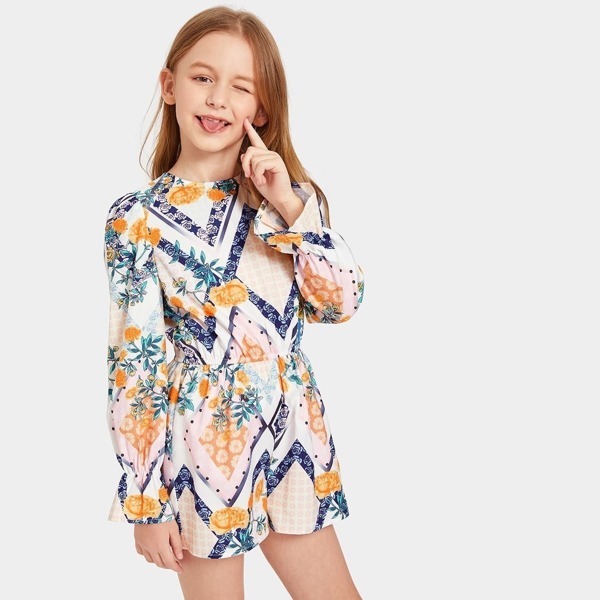

Girls Scarf Print Flounce Sleeve Romper Jumpsuit, Multicolor