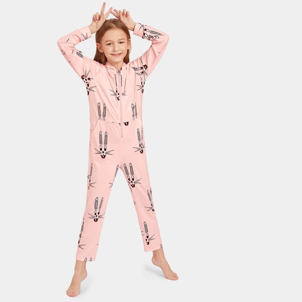 

Girls Zip Placket Cartoon Print Hooded Onesie