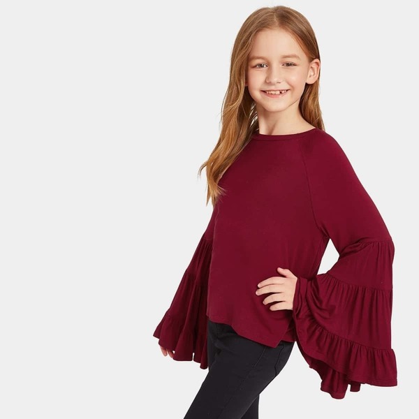 

Girls Layered Flounce Ruffle Sleeve Top, Burgundy
