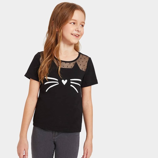 

Girls Dot Mesh Insert Cartoon Graphic Top, Black