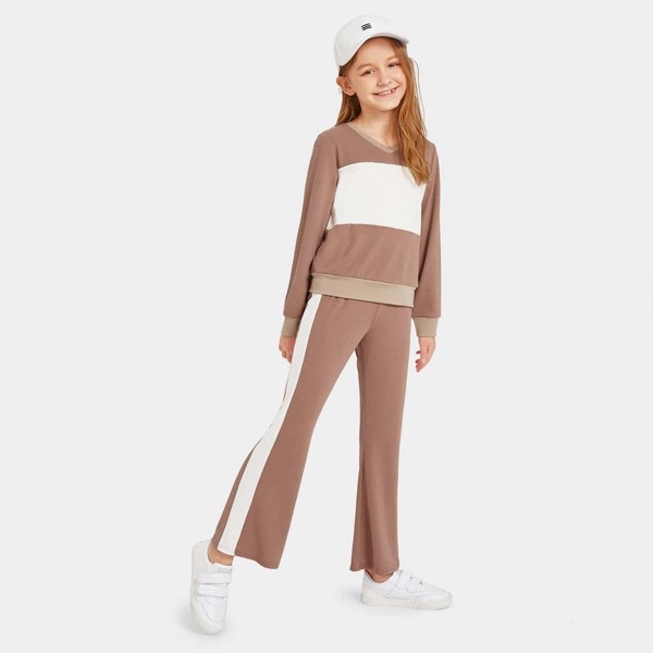 

Girls Color Block V-neck Top & Pants Set