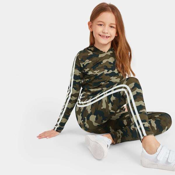 

Girls Striped Tape Side Camo Hoodie & Leggings Set, Multicolor