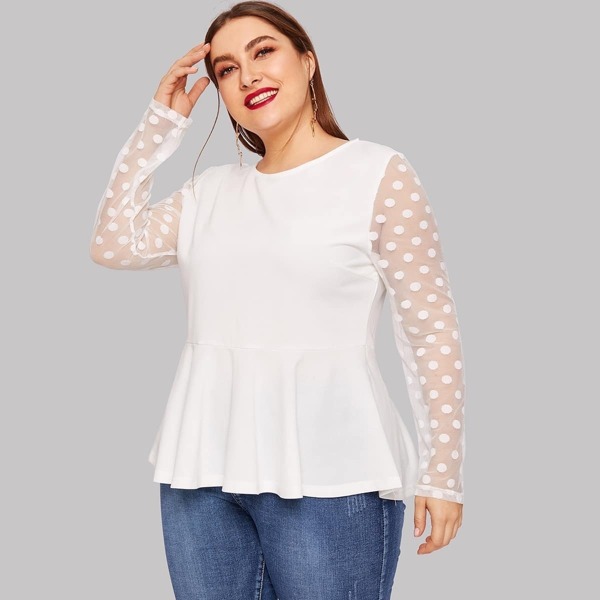 

Plus Keyhole Back Polka Dot Mesh Sleeve Peplum Blouse