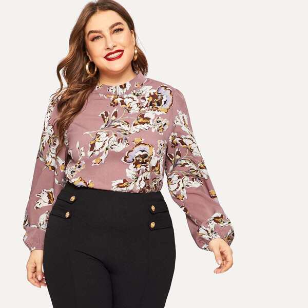 

Plus Keyhole Back Floral Print Top, Pink