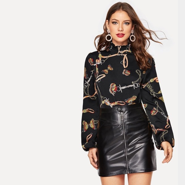 

Shirred Neck Chain Print Top, Black