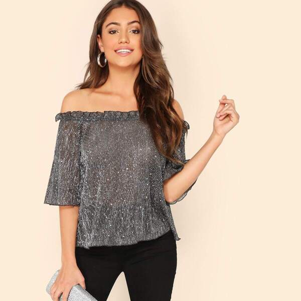 

Frilled Bardot Semi Sheer Glitter Top