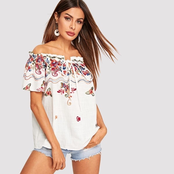 

Off Shoulder Frill Trim Floral Embroidered Top