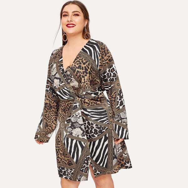 

Plus Mixed Animal Print Twist Front Surplice Wrap Dress