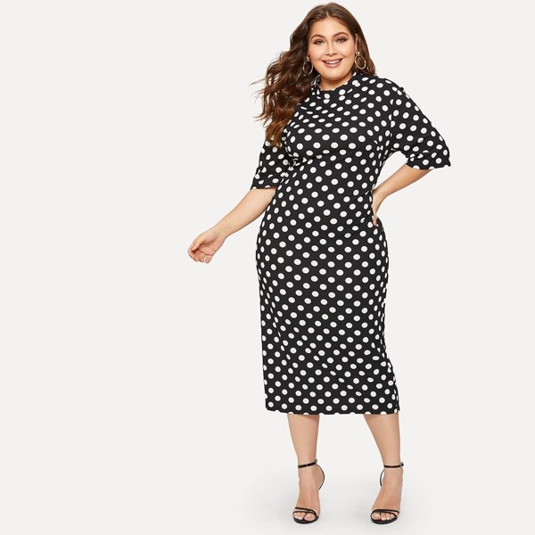 

Plus Mock-neck Polka-dot Print Pencil Dress